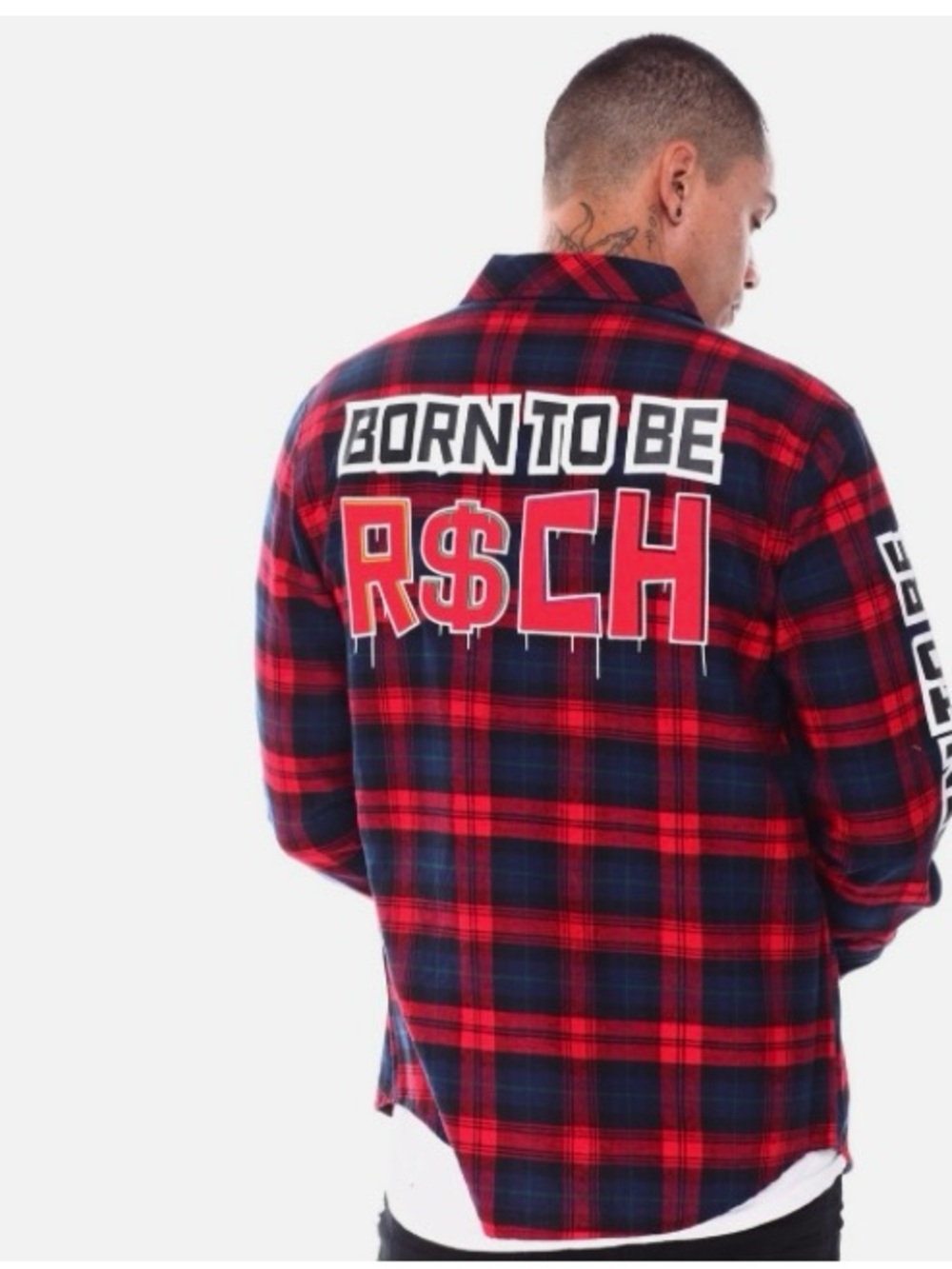 Red & Navy Plaid 'Born To Be R$CH' Graphic Flannel Shirt